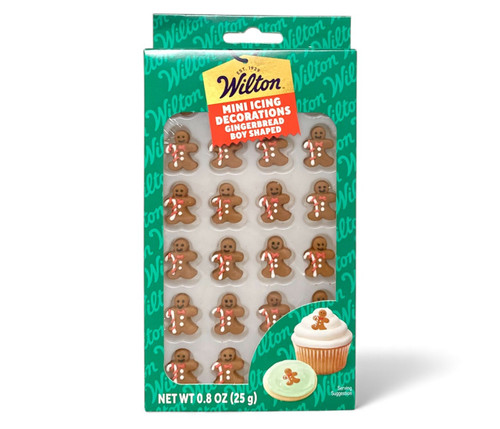 Mini Gingerbread Boy Royal Icing Decorations. These edible icing decorations feature tiny gingerbread boys holding tinier candy canes. Package includes 24 count .75in decorations. Net WT .8oz