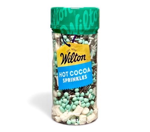 Hot Cocoa Sprinkles. Featuring a blend of chocolate flavored drops in seafoam green, jimmies in white, seafoam green, and brown, and mini white marshmallow shapes. Net WT 5.2oz.