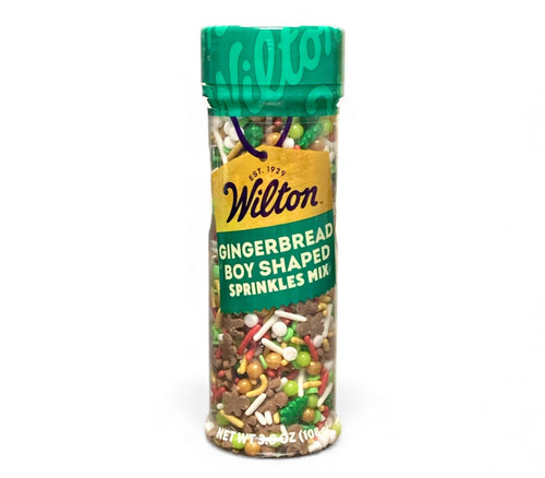 Gingerbread Boy Shaped Sprinkle Mix. This fun mix features bright multicolor pearls, jimmies, and quins with gingerbread boys and Christmas tree shaped sprinkles. Net WT 3.8oz.