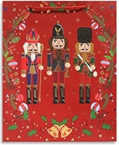 Nutcracker Jumbo Gift Bag - dark red. This paper bag, available in white or dark red, features three standing nutcrackers with foil accents and red rope handles. Desired style not guaranteed. Measures 12.2in x 16.5in x 4.5in.