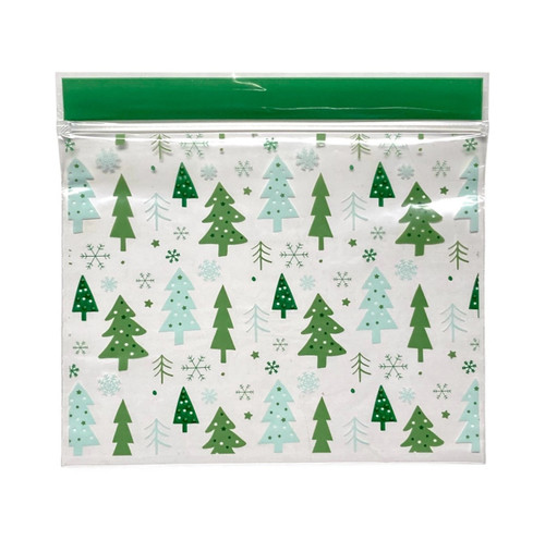 Christmas Tree Treat Bags. These re-sealable clear plastic bags feature a green trim along the top and a pattern of Christmas trees in different shades of green with stars and snowflakes between them. Package includes 20 count bags measuring 6.75in.