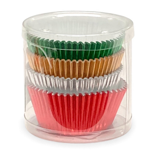 Christmas Color Foil Baking Cups. These baking cups are perfect for muffins, cupcakes, party nuts, and more. This set includes green, gold, silver, and red, perfect for the holidays. Package includes 48 count 2in baking cups.