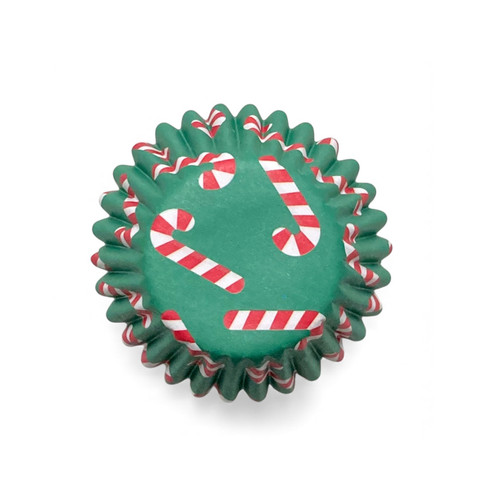 Christmas Mini Baking Cups - Green with candy canes. These small paper baking cups are available in green with candy canes, blue/turquoise with snowflakes, and red with Santas. Desired style not guaranteed. Package includes 100 count 1.25in mini baking cups.