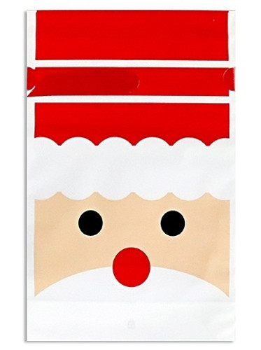Satin Drawstring Christmas Candy Bags - Santa Face. These plastic bags are available in Santa Face or Reindeer Christmas sweater designs, each with a red satin drawstring. Desired style not guaranteed. Package includes 5 count bags measuring 9.1in x 5.9in.