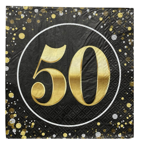 Milestone 50 Luncheon Napkins. These black 2-ply paper napkins feature a border of silver and gold circle confetti around a gold number "50." Package includes 16 count napkins measuring 6.5in when folded.
