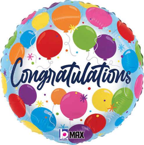 Congratulations Balloons Balloon. This circular balloon features "Congratulations" in navy blue script over white background with multicolor balloons and confetti. Balloon is approximately 18 inches after inflation.