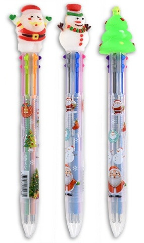 Multicolor Christmas Ball Point Pen. This plastic pen available with a Santa, Snowman, or Christmas Tree topper comes with the ink colors black, blue, pink, green, orange, and purple, all in one. Desired style not guaranteed. Package comes with 1 pen measuring 6.5in.