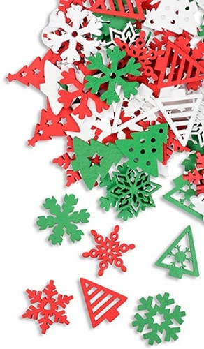 Wooden Christmas Craft Kit. This kit includes small wooden pieces in red, green, and white, and come in shapes of snowflakes and/or Christmas Trees. Desired style not guaranteed. Package includes 54 count pieces measuring about 1in.