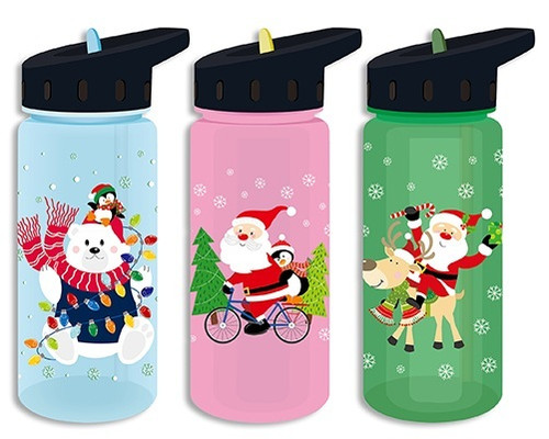 Christmas Sipper Bottle. This 16 oz bottle features fun designs of a polar bear and penguin, Santa with a bike, and Santa with a reindeer, making it perfect for holiday gatherings. Package comes with one bottle measuring 7in tall with lid. Desired design not guaranteed.