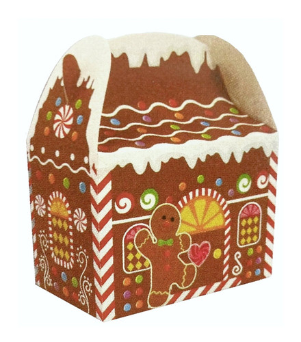 Gingerbread House Treat Boxes. These paper boxes feature a classic gingerbread house design with a waving gingerbread man outside the door. Assembly required. Package includes 3 count boxes measuring 6.4in x 6in.