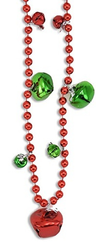 Beaded Jingle Bell Necklace. This necklace features red and green jingle bells, and the beads are available in red, green, silver, and gold. Desired color not guaranteed. Includes 1 necklace. Measures 16in.