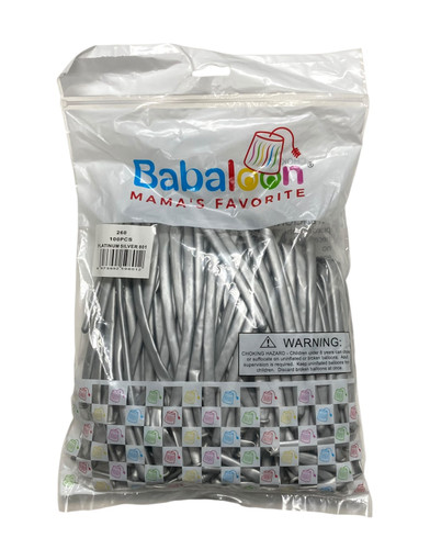 Platinum Silver Long Twist Latex Balloons. Package includes 100 count 2in x 60in balloons.