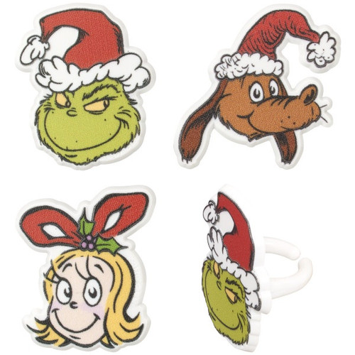 Dr Seuss Cupcake Rings. These plastic rings feature the faces of characters Cindy Lou Who, dog Max, and the Grinch. Package includes 6 count rings ranging in measurement 1.25in - 1.9in.