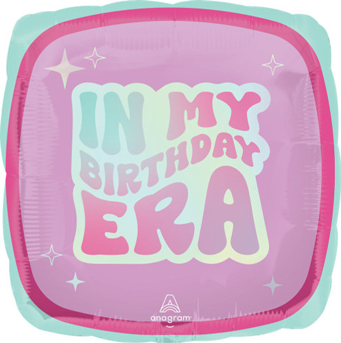 Pop Star Balloon. This square shaped foil balloon has a color scheme of pink, seafoam blue, and silver, featuring the text "IN MY BIRTHDAY ERA." Balloon is approximately 17 inches after inflation.