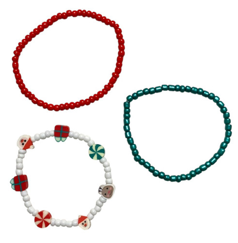 Beaded Stretch Christmas Bracelets. These bracelets feature tiny beads on stretchy cords, and include a red one, a green one, and a white one with tiny character beads such as Santa heads, presents, peppermints, and reindeer. Package includes 3 count bracelets. One size fits most.