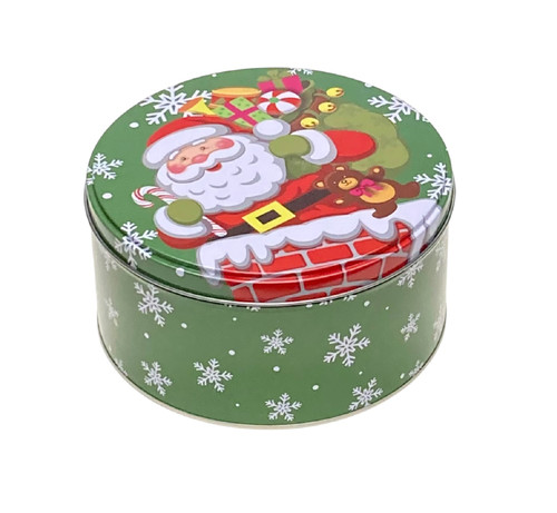 Christmas Cookie Tin 6in - Santa. Desired style not guaranteed. Package includes 1 count tin measuring 6.5in x 3.2in.