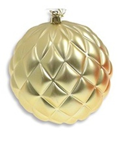 Coffered Ball Ornament - Pearl Gold. This plastic ornament is available in gold, red, and silver with a finish of metallic or pearl. Desired color and finish not guaranteed. Measures 4.7in.