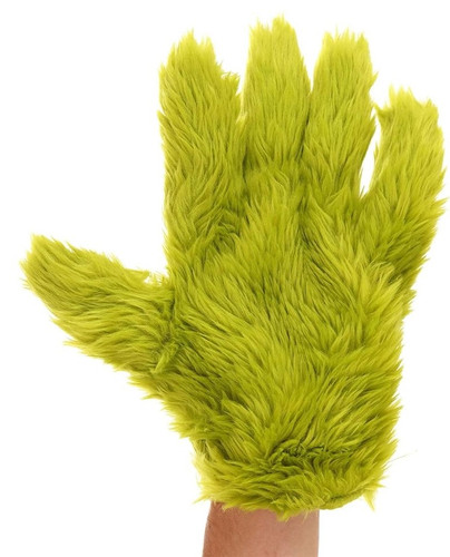 The Grinch Hand Gloves. These large gloves feature plush green faux fur. Package includes 1 pair of gloves. One size fits most adults. Hands measure about 12in x 8in each.