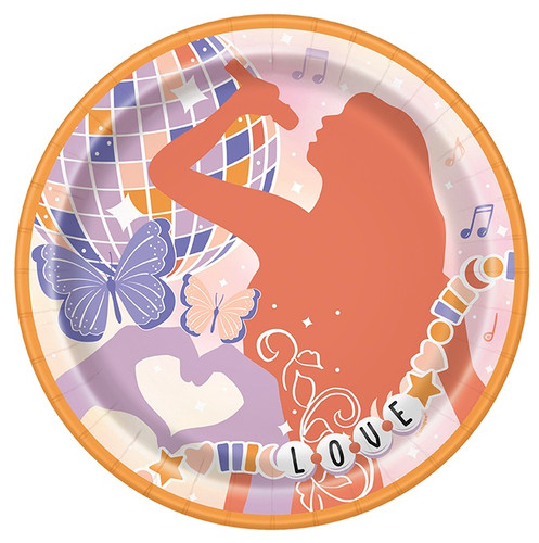 Pop Star Era Luncheon Plates. Featuring an orange trim and a pastel ombre background with colorful musical notes and white sparkle shapes, these paper plates have an orange silhouette of a singer with a microphone and long hair, a lavender silhouette of two hands making a heart, butterflies, a disco ball, and a friendship bracelet with "LOVE" spelled out. Package includes 8 count plates measuring 8.5in.