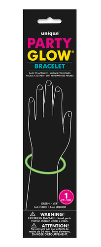 Party Glow Green Bracelet. This light green glow bracelet, when activated, will last up to 6 hours, perfect for concerts, festivals, glow in the dark theme parties, and other celebrations at night. Package includes 1 light stick and 1 connector. Measures 8in. One size fits most.