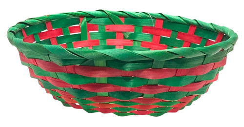 Round Christmas Bamboo Basket - Green rim. This basket features a festive mix of red and green bamboo. Package includes one basket measuring 10.5in in diameter and about 3in tall. Desired style is not guaranteed.