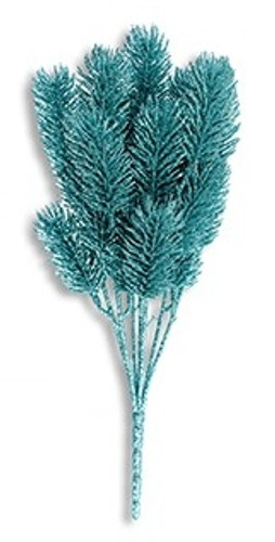 Glitter Flocked Pine Pick - turquoise. This glittery pine stem is available in turquoise, pink, purple, and green. Desired color not guaranteed. Package comes with 1 count pick measuring 15in.
