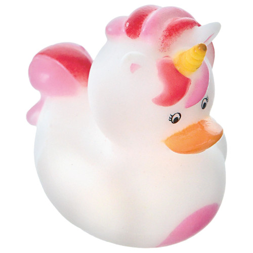 Unicorn Rubber Ducks. These small white rubber ducks have gold horns, dark pink and light pink manes and tails, light pink chests, orange bills, and dark pink and light pink hearts on one side. Package includes 24 count 1.75in ducks.