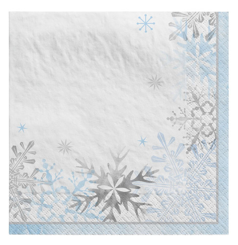 Snowlace Luncheon Napkins. These white 2-ply paper napkins feature silver and light blue snowflakes and a silver and light blue trim. Package includes 16 count napkins measuring 6.5in x 6.5in when folded.