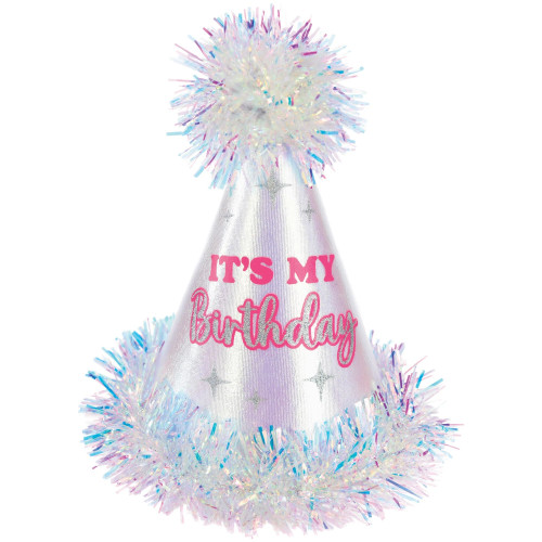 It's My Birthday Iridescent Cone Hat. This cardstock cone hat is covered with an iridescent fabric with "IT'S MY Birthday" in pink and iridescent glitter letters among iridescent glitter sparkles. It has a white elastic band and an iridescent foil pom pom and trim. Measures 8.7in. One size fits most.