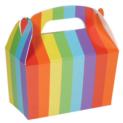 Rainbow Gable Box. This printed cardstock box features vertical stripes in rainbow colors. Includes 1 box. Measures 5.5in x 2 3/8in x 4.5in.