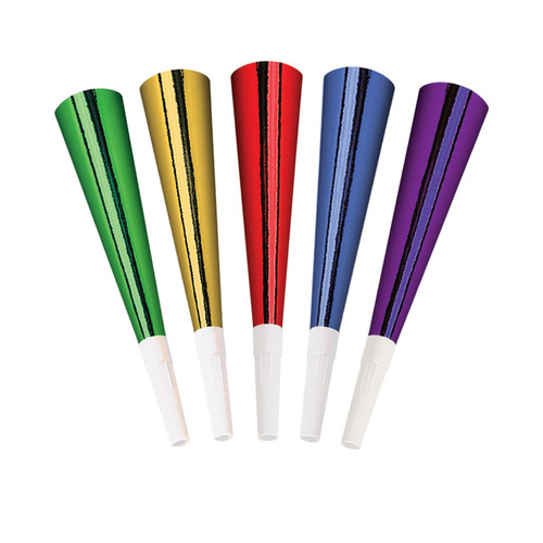 Foil Horns. This set of cardstock foil horns includes multiple colors. Package includes 15 count favors measuring 9in.