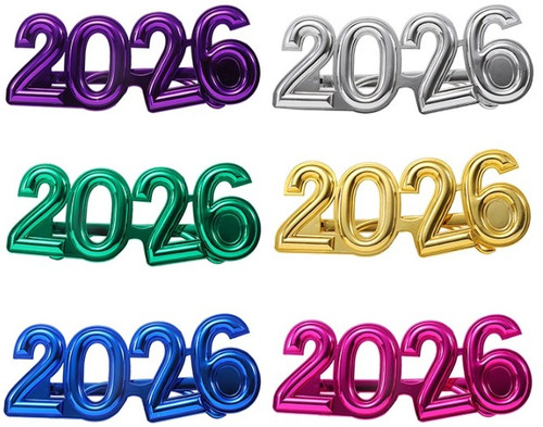 2026 New Year Plastic Glasses. These plastic frames feature "2026" in a shiny metallic finish, available in purple, silver, green, gold, blue, and magenta. For novelty use only. Desired color not guaranteed. Package includes 1 count accessory. One size fits most.