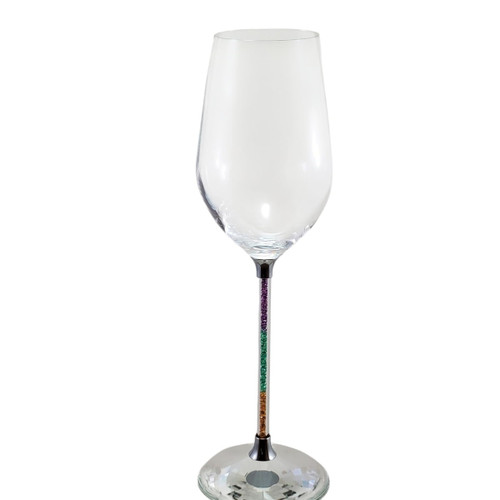 Wine Glass with Mardi Gras Crystal Stem. This clear wine glass has a stem with tiny acrylic purple, green, and gold rhinestones. With a look similar to King Cake sugar, this glass also would make a festive gift. Package includes 1 count glass measuring 8in.