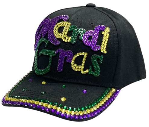 Mardi Gras Rhinestone Baseball Hat. This black hat features purple, green, and gold rhinestones spelling out "Mardi Gras" on attached foam pieces with matching trim along the bill. Measures 12in x 5.25in. One size fits most.