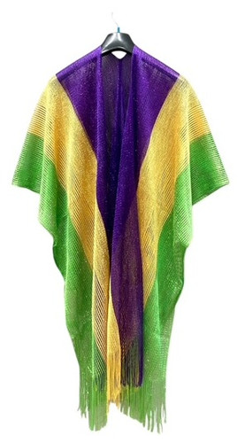 Full Length Mardi Gras Cover Up with Fringe. This long, lightweight, soft mesh coverup is in purple, green, and gold, with fringe on the ends.