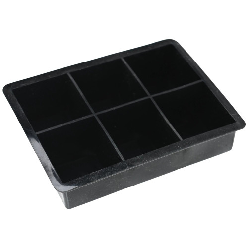 Large Ice Cube Tray. This black silicone tray has 6 cavities to make large ice cubes. Tray measures 4.4in x 6.4in x 2in tall.