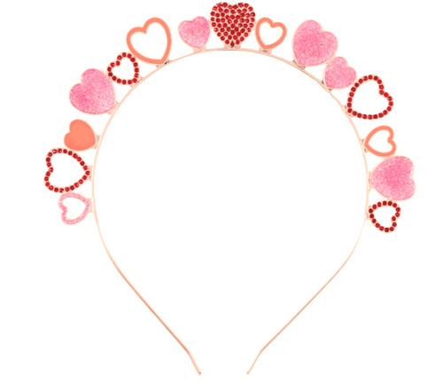 Rhinestone Heart Headband. This rose gold metal headband has hearts along the top covered or lined with pink and red rhinestones. One size fits most.