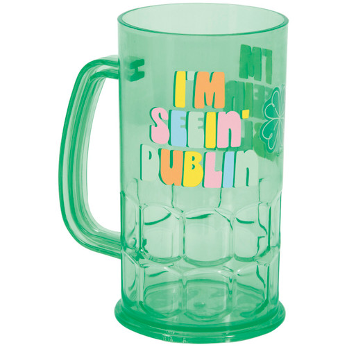 St Patrick's Day Plastic Stein Mug. This translucent green plastic mug has the text "I'M SEEIN' DUBLIN" in multicolor letters with a shamrock. Package includes 1 count 16oz mug.