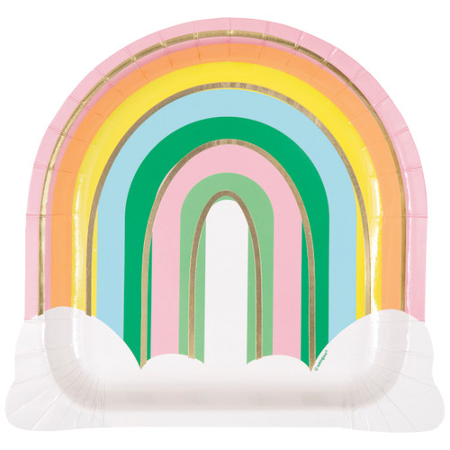 Rainbow Shaped Luncheon Plates! These paper plates feature a rainbow arch on a cloud shape with gold foil accents. Package includes 8 count 8.25in plates.