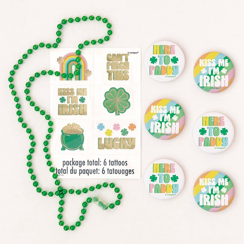 St. Patrick's Day Wearables Kit. This kit includes 6 temporary tattoos, 6 colorful button pins with phrases "HERE TO PADDY" and "KISS ME I'M IRISH," and 6 bead necklaces measuring 30in.