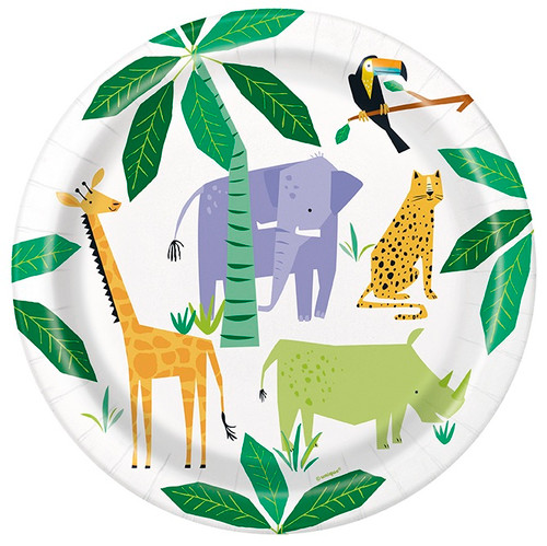 Animal Safari Luncheon Plates. These white round paper plates feature a cute cartoon giraffe, elephant, toucan, cheetah, and rhino among green jungle leaves. Package includes 8 count plates measuring 8.75in.
