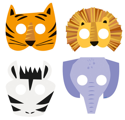 Animal Safari Paper Masks. This set of printed cardstock masks include designs of a tiger, lion, elephant, and zebra, all with a white elastic band to ensure a fit for most children. Package includes 8 count masks ranging in measurement from 7in x 9in - 9in x 9in.