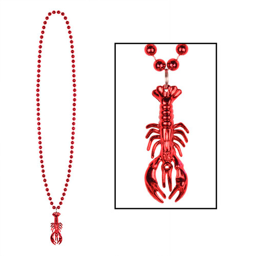 Red Crawfish Bead Necklace. This metallic red plastic beaded necklace features a matching plastic crawfish shaped pendant. Necklace measures 33in. One size fits most.