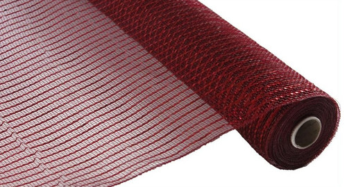 Burgundy with Red Foil Mesh. This burgundy polypropylene mesh features a red foil stripe design. Measures 10in x 10yds.