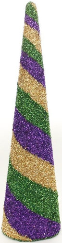 Mardi Gras Zigzag Glitter Stripe Cone. This plastic cone decoration features a metallic gold, green, and purple stripe design. Measures 24in.
