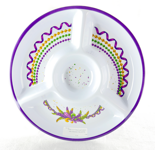 Serve up your Mardi Gras snacks in style with this 13.5-inch Melamine Chips and Dip Plate. Featuring a white base with a purple trim, this plate is divided into three sections for chips, crackers, or treats, with a dedicated spot in the center for your favorite dip. The festive design showcases purple, green, and gold beads, feathers, confetti, and a fleur de lis.