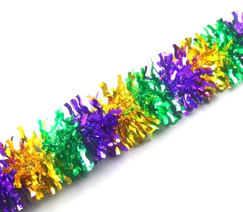 Mardi Gras Glossy Garland. This shiny metallic purple, green, and gold garland features a crinkle design. Measures 5.5in x 9ft.