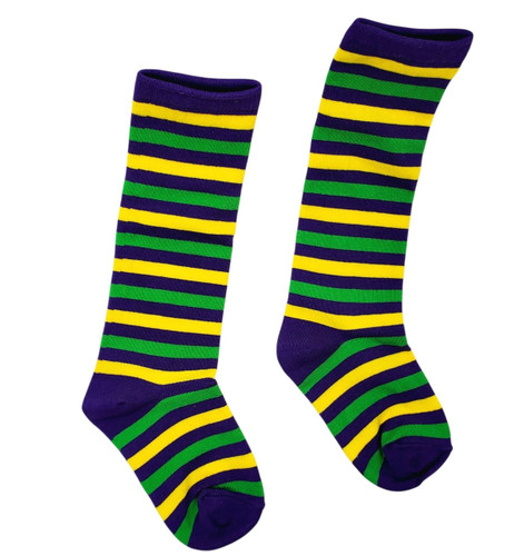 Kid's Mardi Gras Striped Knee Socks. These knee length cotton blend socks feature purple, green, and gold stripes. A classic but festive way to show off your Mardi Gras spirit. One size fits most kids.