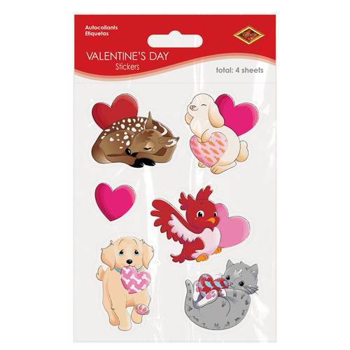Valentine's Day Stickers. These designs include a pink heart along with animals with pink and red hearts including a deer, bunny, bird, dog, and cat. Package includes 4 count sheets (measuring 4.75in x 7.5in) of 6 stickers per sheet.