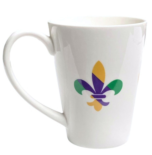 This Mardi Gras Fleur de Lis Mug is white ceramic with a wrap around design of three melamine decals of fleur de lis in purple, green, and gold stripes. Measures 4.75in tall.